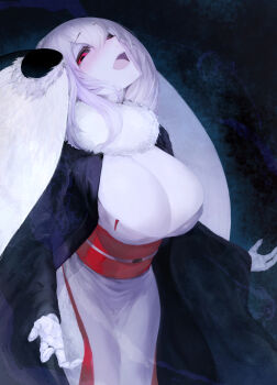 1girl :d arthropod_girl black_sclera blush breasts cleavage colored_sclera colored_skin fewer_digits fur_collar hair_between_eyes haori highres insect_girl insect_wings japanese_clothes kimono large_breasts long_hair long_sleeves looking_at_viewer mashiro_(solopipb) moth_girl moth_wings obi open_mouth original red_eyes red_sash sash smile solo solopipb standing white_hair white_kimono white_skin wide_sleeves wings