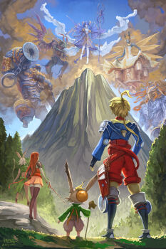 2boys 2girls adramelech_(fft) blonde_hair boots bow_(weapon) brown_hair brown_pants card cloud commentary english_commentary exodus_(ffta) famfrit final_fantasy final_fantasy_tactics final_fantasy_tactics_advance forest from_behind highres holding holding_weapon marche_radiuju mateus_(ffta) mcgmark miniskirt montblanc moogle mountain multiple_boys multiple_girls nature pants rapier red_hair red_pants ritz_malheur shara signature skirt staff sword thigh_boots tree ultima ultima_(ffta) viera weapon
