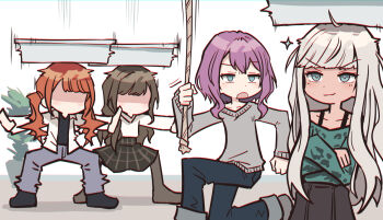 4girls aqua_eyes black_pantyhose black_skirt blue_pants brown_hair commentary crossed_arms d4dj faceless faceless_female green_shirt grey_hair grey_pants grey_sweater hidaka_saori highres holding holding_rope long_hair long_sleeves matsuyama_dalia medium_hair merm4id_(d4dj) mizushima_marika multiple_girls off-shoulder_shirt off_shoulder orange_hair pants pantyhose plaid_clothes plaid_skirt pleated_skirt purple_hair rope seto_rika shirt simple_background skirt sweater tan white_background white_shirt yukitake_(bullfalk)