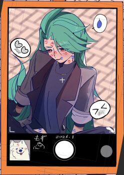 >_< 1girl after_kiss camera_phone cellphone clothing_cutout commentary_request dog green_hair grey_jacket highres implied_yuri jacket jewelry lipstick_mark lipstick_mark_on_arm lipstick_mark_on_face lipstick_mark_on_neck lipstick_mark_on_stomach midriff mozu_pkm necklace nintendo official_alternate_costume official_alternate_hairstyle phone pokemon pokemon_masters_ex pokemon_sv rika_(palentine's_2026)_(pokemon) rika_(pokemon) smartphone stomach_cutout