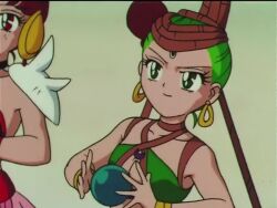 1990s_(style) 5girls acrobatics amazoness_quartet animated anime_screenshot bishoujo_senshi_sailor_moon bishoujo_senshi_sailor_moon_supers blue_eyes blue_hair breasts cerecere_(sailor_moon) circus cleavage earrings electricity fighting flexible green_hair hair_bun helmet holding holding_wand jewelry jumping junjun_(sailor_moon) lineup long_hair looking_at_another magic medium_breasts midriff multi-tied_hair multiple_girls navel pallapalla_(sailor_moon) pink_hair red_hair retro_artstyle revealing_clothes single_hair_bun small_breasts smug sound tagme toei_company very_long_hair vesves_(sailor_moon) video wand whip wide_hips zirconia_(sailor_moon)