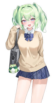Rule 34 | 1girl, absurdres, aqua eyes, arm behind back, bag, black bag, blue skirt, bow, breasts, chico (yuzuha riko), commentary request, contrapposto, cowboy shot, green hair, highres, holding strap, korean commentary, long sleeves, looking at viewer, medium breasts, medium hair, miniskirt, multicolored eyes, multicolored hair, muru (muru zi), pleated skirt, purple eyes, school uniform, shoulder bag, simple background, skirt, smile, solo, stellive, streaked hair, thick eyelashes, twintails, two-tone eyes, virtual youtuber, white background, white streaks, yuzuha riko