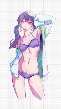 1girl absurdres ahoge arm_up armpits bare_shoulders bikini blue_eyes breasts cleavage collarbone commentary_request cropped_legs front-tie_bikini_top front-tie_top gakuen_idolmaster grid_background highres hpwk2775 idolmaster jacket kaya_rinha kimi_to_semi_blue_(idolmaster) long_hair looking_at_viewer medium_breasts mole mole_on_neck navel open_clothes open_jacket purple_bikini purple_hair shading_eyes solo stomach swimsuit thighs white_jacket