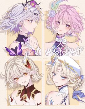 4girls alice_(genshin_impact) alternate_hair_length alternate_hairstyle averting_eyes ayacchirin bare_shoulders black_tiara blonde_hair blue_eyes bug butterfly castorice_(honkai:_star_rail) closed_mouth commentary cyrene_(demiurge)_(honkai:_star_rail) cyrene_(honkai:_star_rail) earrings english_commentary flower from_side genshin_impact hair_flower hair_ornament highres honkai:_star_rail honkai_(series) insect jewelry looking_at_viewer looking_to_the_side multiple_girls nicole_reeyn parted_lips pink_hair pointy_ears purple_butterfly purple_eyes purple_hair red_eyes shadow short_hair simple_background smile tiara upper_body