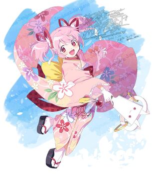 1girl :d black_sandals blue_background blush child floral_print floral_print_kimono full_body gloves hair_ribbon japanese_clothes kaname_madoka kimono kyubey long_sleeves mahou_shoujo_madoka_magica obi okobo open_mouth pink_eyes pink_hair pink_kimono platform_sandals print_kimono red_ribbon red_sash ribbon sandals sash serizawa_serizane short_hair short_twintails smile socks solo tabi twintails watermark white_gloves white_socks wide_sleeves