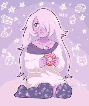 1girl alternate_costume amethyst_(steven_universe) colored_skin dav-19 donut food gem gem_(steven_universe) hair_over_one_eye long_hair purple_gemstone purple_skin solo steven_universe