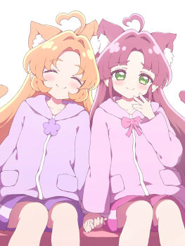 2girls ^_^ absurdres ahoge akechi_anna animal_ear_fluff animal_ears blunt_bangs blush cat_ears cat_girl cat_tail closed_eyes closed_mouth commentary_request facing_viewer feet_out_of_frame green_eyes hair_intakes hand_up heart heart_ahoge highres hood hood_down hoodie kemonomimi_mode kobayashi_mikuru long_hair long_sleeves looking_at_viewer meitantei_precure! multiple_girls orange_hair pink_hoodie pink_shorts precure purple_hair purple_hoodie purple_shorts shorts simple_background sitting smile tail tyomimas white_background