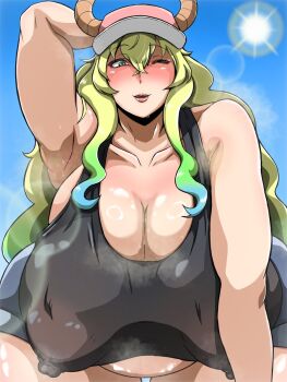 1girl arm_behind_head armpits baseball_cap black_tank_top blonde_hair blue_hair blue_shorts blush breasts cleavage covered_erect_nipples crop_top dragon_girl dragon_horns from_below gigantic_breasts gradient_hair green_eyes green_hair hanging_breasts haramase_3 hat horns kobayashi-san_chi_no_maidragon leaning_forward lens_flare lips long_hair lucoa_(maidragon) multicolored_hair one_eye_closed parted_lips pink_hat plump short_shorts shorts sidelocks sky solo sweat tank_top thick_thighs thigh_gap thighs wavy_hair wink
