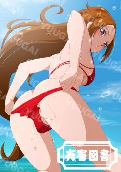 1girl ass bikini blush brown_hair butt_crack dokidoki!_precure fuchi_(nightmare) highres long_hair looking_at_viewer looking_back looking_down madoka_aguri ocean precure pulling_own_clothes red_bikini red_eyes solo sweat swimsuit very_long_hair