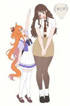 2girls absurdres animal_ears artist_name black_eyes black_shoes blush brown_hair brown_necktie brown_shoes brown_skirt collared_shirt commentary_request fang height_difference highres horse_ears horse_girl horse_tail inuyama_nanami lanyard loafers long_hair mary_janes mayano_top_gun_(umamusume) multiple_girls necktie open_mouth orange_eyes orange_hair pleated_skirt school_uniform shirt shoes short_sleeves sidelocks skirt smile tail thighhighs tie_clip tracen_school_uniform trainer_(umamusume) umamusume white_shirt white_skirt white_thighhighs