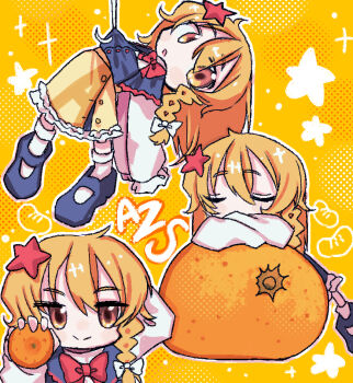 1girl azusa_(cookie) black_shoes black_skirt blonde_hair bow bowtie character_name closed_eyes closed_mouth commentary_request cookie_(touhou) food frilled_skirt frills fruit full_body hair_ornament kirisame_marisa long_hair long_sleeves looking_at_viewer mandarin_orange mary_janes melanin_shikiso multiple_views orange_background orange_eyes red_bow red_bowtie red_star shirt shoes skirt smile socks split_mouth star_(symbol) star_hair_ornament touhou white_bow white_shirt white_socks