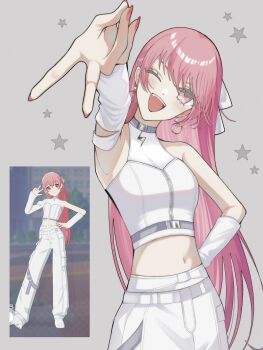 1girl ;d alternate_costume am500mog arm_up armpits asymmetrical_sleeves blush breasts choker commentary competitive_fire!_(project_sekai) cosplay cowboy_shot crop_top detached_sleeves earrings fang game_screenshot_inset grey_background grey_choker gyaru_v hand_on_own_hip head_tilt highres jewelry lightning_bolt_symbol long_hair looking_at_viewer megurine_luka midriff momoi_airi nail_polish navel official_alternate_hair_length official_alternate_hairstyle omoi_wo_nosete!_dream_stage_(project_sekai) one_eye_closed open_mouth pants pink_eyes pink_hair pink_nails project_sekai reference_inset screenshot_inset shirt simple_background sleeveless sleeveless_shirt small_breasts smile solo standing star_(symbol) straight-on symbol-only_commentary teeth uneven_sleeves upper_teeth_only v very_long_hair vivid_bad_squad_luka vivid_bad_squad_luka_(cosplay) vocaloid white_pants white_shirt white_sleeves