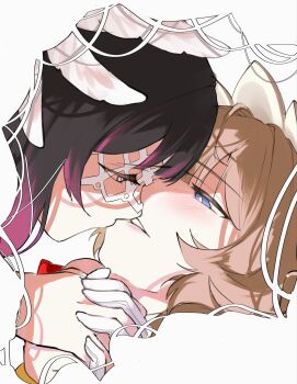 2girls absurdres black_hair blue_eyes blunt_bangs blush border bright_pupils brown_hair columbina_(genshin_impact) commentary eye_mask feathered_wings genshin_impact gloves gradient_hair half-closed_eyes hand_up head_wings highres holding_hands imminent_kiss long_hair looking_at_another looking_up lying mask multicolored_hair multiple_girls multiple_wings on_back pink_hair purple_eyes sa_3987 sandrone_(genshin_impact) short_hair sidelocks simple_background smile symbol-only_commentary teeth two-tone_hair upper_body white_background white_border white_gloves white_headdress white_mask white_pupils wings yuri