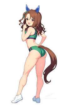 1girl animal_ears ass blush brown_hair brown_tail buruma commentary ear_covers english_commentary from_behind full_body green_buruma green_sports_bra hair_ornament hand_on_own_hip horse_ears horse_girl horse_tail king_halo_(umamusume) kneepits legs looking_at_viewer looking_back medium_hair midriff nose_blush one_side_up open_mouth red_eyes revenantart shoes signature simple_background smile solo sports_bra standing tail thighs umamusume v-shaped_eyebrows white_background white_shoes