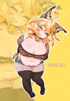 1girl animal_ear_fluff animal_ears animal_print arms_behind_back bell belly belly_hang belt_collar black_boots black_choker blonde_hair blue_skirt blush bone_hair_ornament boots bra breasts cat_ears catastrothy choker cleavage closed_eyes coat collar cyan_(vtuber) drill_hair drill_sidelocks fang fat fat_woman fish_hair_ornament fish_skeleton fishnet_pantyhose fishnets flower flower_on_head freckles fur-trimmed_coat fur_trim gyaru hair_flower hair_ornament highres jingle_bell large_breasts leopard_print leopard_print_bra medium_hair miniskirt mole mole_on_breast navel neck_bell off-shoulder_coat off_shoulder open_clothes open_coat original pantyhose pink_tattoo plump print_bra pubic_tattoo sidelocks skindentation skirt smile solo standing sunflower sunflower_hair_ornament suspender_skirt suspenders tail tattoo thigh_boots underwear virtual_youtuber yellow_background