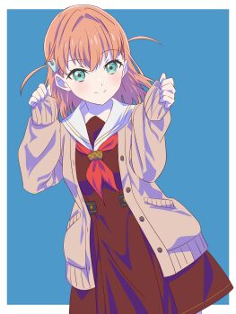 1girl aqua_eyes blue_background border borrowed_clothes brown_cardigan brown_dress cardigan closed_mouth clothes_grab commentary cowboy_shot crossed_bangs dress hair_intakes hair_ornament hasu_no_sora_school_uniform highres hinoshita_kaho link!_like!_love_live! long_sleeves looking_at_viewer love_live! medium_dress medium_hair murano_sayaka myrain56991013 open_cardigan open_clothes orange_hair outside_border pleated_dress rabbit_hair_ornament sailor_collar sailor_dress school_uniform simple_background sleeve_grab sleeves_past_wrists smile solo split_mouth standing two_side_up virtual_youtuber white_border white_sailor_collar winter_uniform