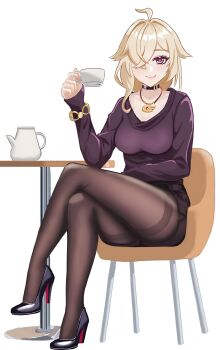 1girl 9_xiansheng_0o0 absurdres black_choker blonde_hair breasts chenxue_(honkai_impact) choker crossed_legs cup hair_over_one_eye highres holding holding_cup honkai_(series) honkai_impact_3rd long_hair looking_at_viewer non-web_source red_eyes shirt simple_background smile white_background