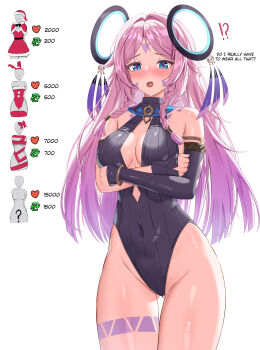 !? 1girl absurdres arms_under_breasts asymmetrical_gloves bare_shoulders black_gloves black_leotard blue_eyes blush breasts citlali_(genshin_impact) cleavage commentary covered_navel dokimaru english_commentary english_text facial_mark fingerless_gloves floating_headgear forehead_mark genshin_impact gloves gluteal_fold headgear highres leotard like_and_retweet long_hair medium_breasts multicolored_hair open_mouth pink_hair purple_hair simple_background solo triangle triangle_facial_mark uneven_gloves very_long_hair white_background