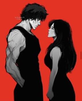 Rule 34 | 1boy, 1girl, black dress, black hair, black shirt, black shorts, brown hair, dress, grappler baki, hanma baki, lowres, matsumoto kozue, red background, shirt, shorts, simple background