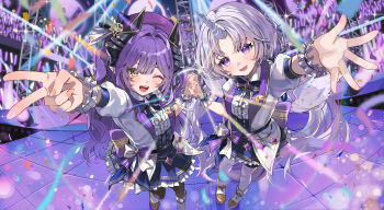 2girls :d ;d absurdres ayatsuno_yuni black_thighhighs blue_skirt blush boots center_frills commentary_request frilled_skirt frills full_body grey_hair haru_yu hat highres horns jacket korean_commentary long_hair long_sleeves looking_at_viewer multiple_girls one_eye_closed open_clothes open_jacket open_mouth outstretched_arm parted_bangs purple_eyes purple_hair purple_hat sakihane_huya shirt single_horn skirt smile stage standing stellive thighhighs v virtual_youtuber white_boots white_jacket white_shirt white_thighhighs yellow_eyes