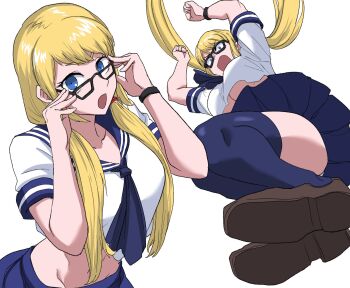Rule 34 | 1girl, attack, blonde hair, blue eyes, breasts, brown shoes, glasses, highres, incoming attack, large breasts, long hair, midriff, multiple views, nasu (ilo a5), neckerchief, official alternate costume, open mouth, pleated skirt, rainbow mika, sailor collar, school uniform, serafuku, shoes, skirt, street fighter, street fighter v, thighhighs, twintails