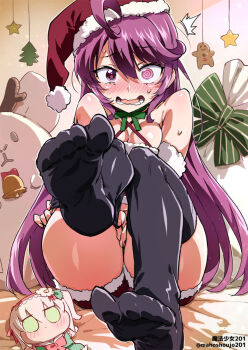 1girl bare_shoulders blush breasts christmas_ornaments commentary_request dress embarrassed feet foot_focus fujiyama_shinobu hat highres long_hair looking_at_viewer magical_girl mahou_shoujo_201 mucha_(muchakai) open_mouth purple_eyes purple_hair santa_costume santa_dress santa_hat simple_background thighhighs thighs