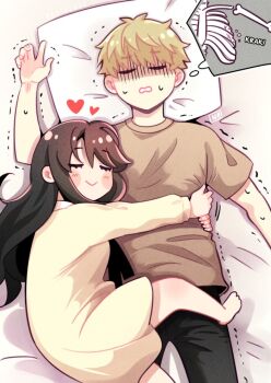 1boy 1girl bed blanket blonde_hair blush clinging closed_eyes cuddling holding husband_and_wife long_hair lying on_back on_side pajamas pants pillow sei_hyakusei short_hair simple_background sleeping smile spy_x_family twilight_(spy_x_family) yor_briar