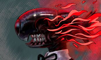 1girl black_ribbon bomb bomb_devil_(chainsaw_man) chainsaw_man collar commentary dirtydanreborn english_commentary explosive from_side highres reze_(chainsaw_man) ribbon sharp_teeth solo tagme teeth white_collar wing_collar