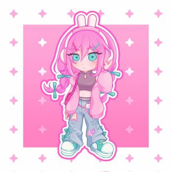 1girl :| adjusting_headphones animal_charm animal_ear_headphones animal_ears aqua_shoes aubrey_(birthday)_(omori) aubrey_(faraway)_(omori) aubrey_(omori) bag baggy_pants bare_shoulders belt black_belt black_shirt blue_bow blue_eyes blue_pants blue_ribbon border bow braid cardigan cardigan_partially_removed charm_(object) chinese_commentary closed_mouth clothes_writing clothing_cutout commentary_request converse copyright_name crop_top cropped_shirt deformed denim dot_nose double-parted_bangs expressionless fake_animal_ears forest_bunny?_(omori) full_body hair_between_eyes hair_bow hair_ornament hairclip hand_up headphones highres jeans legs_apart long_hair long_sleeves looking_at_viewer low_twin_braids midriff mr._plantegg_(omori) navel no_sclera official_alternate_costume official_alternate_hairstyle omori open_cardigan open_clothes outline outside_border pants parallel_hairclips pink_background pink_bag pink_cardigan pink_hair puffy_long_sleeves puffy_sleeves rabbit_ear_headphones rabbit_ears rainbrey_0801 ribbon ribbon-trimmed_pants shirt shoelaces shoes shoulder_bag sidelocks simple_background sleeveless sleeveless_turtleneck solo sparkle standing star_(symbol) torn_clothes torn_jeans torn_pants turtleneck turtleneck_shirt twin_braids very_long_hair white_border white_outline