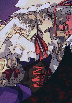 1girl :| absurdres bad_id bad_pixiv_id blonde_hair bow capelet closed_mouth collar commentary corset dress frilled_collar frills gap_(touhou) gloves hat hat_ribbon highres long_hair looking_at_viewer mob_cap noise purple_dress red_bow red_eyes red_ribbon ribbon sideways_glance solo togeppoi touhou white_collar white_gloves white_hat yakumo_yukari