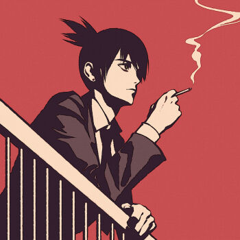 1boy against_railing chainsaw_man cigarette closed_mouth collared_shirt earrings expressionless hayakawa_aki holding holding_cigarette jacket jewelry leaning leaning_forward long_sleeves male_focus moshimoshibe necktie ponytail railing red_background shirt short_hair short_ponytail simple_background smoking solo suit_jacket upper_body wing_collar