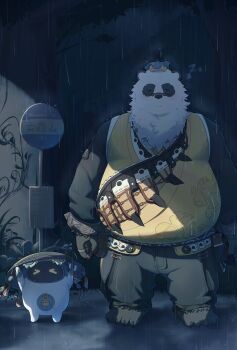 &gt;_&lt; 1boy animal_ears bangboo_(zenless_zone_zero) barefoot belion_(zenless_zone_zero) belly black_pants bracelet captjimmy1218 chinese_clothes chinese_commentary closed_eyes commentary_request covering_head derivative_work fat furry furry_male highres jewelry leaf leaf_on_head non-humanoid_robot pan_yinhu panda_boy panda_ears pants plump rain robot shirt sleeping spiked_bracelet spikes tonari_no_totoro totoro_bus_stop wok yellow_shirt zenless_zone_zero zzz