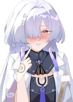 1girl absurdres artist_logo ayj_(ayoungart) blush colored_eyelashes commentary grey_hair hair_ornament hair_over_one_eye highres jacket logo long_hair looking_at_viewer mornye_(wuthering_waves) parted_lips red_eyes simple_background smile solo symbol-only_commentary upper_body white_background white_jacket wuthering_waves