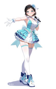 1girl absurdres aqua_dress aqua_eyes armpits bare_arms bare_shoulders black_hair blush boots breasts choker closed_mouth commentary_request commission crossed_legs dress flower frilled_choker frilled_dress frilled_gloves frills full_body garter_straps gher5 gloves hair_flower hair_ornament high_heel_boots high_heels highres holding holding_microphone idol large_breasts looking_at_viewer microphone original outstretched_arm pixiv_commission rose shadow short_hair simple_background sleeveless sleeveless_dress smile solo standing thighhighs watson_cross white_background white_boots white_gloves white_thighhighs zettai_ryouiki
