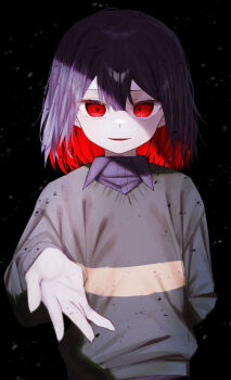 1other androgynous arm_behind_back black_background bob_cut chara_(undertale) colored_inner_hair eyelashes glowing glowing_eyes green_sweater hair_between_eyes highres kurobarashan light_particles looking_at_another multicolored_hair pale_skin parted_lips purple_hair purple_shirt reaching reaching_towards_viewer red_eyes red_hair shards shirt short_hair single_horizontal_stripe smile solo standing straight-on sweater two-tone_hair underlighting undershirt undertale upper_body utdr_(toby_fox) yellow_trim