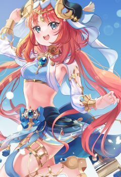 1girl absurdres blue_skirt blush breasts fake_horns genshin_impact gold_thighlet green_eyes harem_outfit highres hitoha_koduku horns jewelry long_hair long_sleeves looking_at_viewer medium_breasts navel nilou_(genshin_impact) open_mouth red_hair skirt smile solo stomach thighlet very_long_hair
