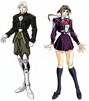 1990s_(style) 1996 asahina_ryo asahina_ryou asahina_suzu brown_hair choujin_gakuen_gowcaizer military_uniform official_art oobari_masami retro_artstyle school_uniform serafuku siblings twins white_hair