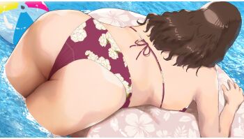 Rule 34 | 1girl, absurdres, ass, ball, bikini, brown hair, commentary request, curvy, fat, floral print, from behind, highres, long hair, mature female, original, plump, red bikini, ryokucha michi, swim ring, swimsuit, thighs, water