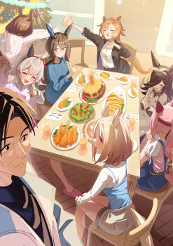 1boy 6+girls absurdres admire_vega_(casual)_(umamusume) admire_vega_(umamusume) animal_ears black_hair black_jacket black_shirt blonde_hair blue_overalls blue_shorts blue_sweater blue_tank_top blush brown_hair brown_skirt closed_eyes closed_mouth coat commentary_request cup curren_chan_(casual)_(umamusume) curren_chan_(umamusume) ear_covers ear_piercing freely2327 fur_trim grey_hair grey_shorts hair_between_eyes hair_over_one_eye hairband haru_urara_(casual)_(umamusume) haru_urara_(umamusume) highres holding holding_cup horse_ears horse_girl horse_tail indoors jacket long_hair meisho_doto_(casual)_(umamusume) meisho_doto_(umamusume) multiple_girls narita_top_road_(casual)_(umamusume) narita_top_road_(umamusume) open_clothes open_jacket open_mouth orange_hair overalls piercing pink_hair pink_shirt puffy_short_sleeves puffy_sleeves red_hairband rice_shower_(casual)_(umamusume) rice_shower_(umamusume) shirt short_hair short_sleeves shorts sitting skirt smile sweater t.m._opera_o_(casual)_(umamusume) t.m._opera_o_(umamusume) tail tank_top trainer_(umamusume) trainer_okita umamusume umamusume:_road_to_the_top white_coat white_jacket white_shirt white_sleeves white_sweater