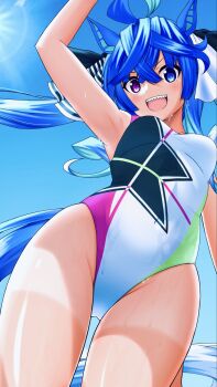 1girl adapted_costume animal_ears blue_eyes blue_hair blue_sky commentary_request competition_swimsuit crossed_bangs from_below heterochromia highres horse_ears horse_girl horse_tail long_hair looking_at_viewer multicolored_swimsuit one-piece_swimsuit oryou_gunsou purple_eyes semil sharp_teeth sky smile solo swimsuit tail teeth twin_turbo_(umamusume) twintails umamusume water white_one-piece_swimsuit