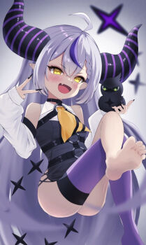 1girl animal animal_on_head barefoot bird bird_on_head black_dress black_nails blush breasts commentary_request crow_(la+_darknesss) demon_girl demon_horns dress fang grey_hair hololive horns la+_darknesss la+_darknesss_(1st_costume) long_hair looking_at_viewer nail_polish on_head pichu_(mew0206mew) purple_streaks purple_thighhighs single_thighhigh skin_fang small_breasts smile solo thighhighs very_long_hair virtual_youtuber yellow_eyes