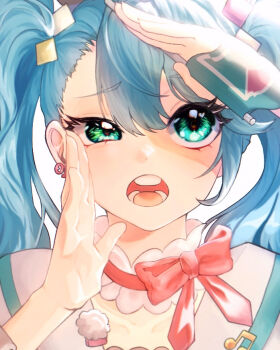 1girl aqua_hair bow collarbone commentary_request diamond_hair_ornament flag green_eyes hair_between_eyes hair_ornament hatsune_miku holding holding_flag long_hair long_sleeves magical_mirai_(vocaloid) magical_mirai_miku magical_mirai_miku_(2024) mellissa_235 musical_note_ornament number_earrings official_alternate_costume official_alternate_hairstyle open_mouth pink_bow simple_background solo twintails very_long_hair vocaloid white_background