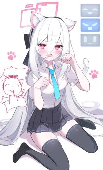 Rule 34 | 1girl, absurdres, animal ears, black bow, black hairband, black skirt, black thighhighs, blue archive, blue necktie, blush, bow, breasts, cat ears, cat tail, commentary, doodle sensei (blue archive), dot nose, embarrassed, hair between eyes, hair spread out, hairband, halo, highres, jogabi, kei (blue archive), kei (new body) (blue archive), kemonomimi mode, long hair, long hair between eyes, looking at viewer, loose necktie, necktie, partially unbuttoned, paw pose, paw print, peanut mouth, pink eyes, pink halo, pleated skirt, rectangular halo, ringed eyes, sensei (blue archive), shirt, simple background, sitting, skirt, small breasts, solo, tail, thighhighs, very long hair, wariza, white background, white hair, white shirt, zettai ryouiki
