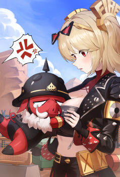 1girl 1other absurdres angdo_(kakajo26) anger_vein belted_skirt black_helmet black_jacket black_skirt black_tube_top blue_sky blush boar breasts burnice_white canister cleavage cloud colored_skin combat_helmet commentary_request crop_top day eyewear_on_head from_side helmet highres jacket large_breasts looking_at_another lucy&#039;s_crew_(zenless_zone_zero) open_mouth outdoors pickelhaube pig red-tinted_eyewear red_eyes red_skin short_twintails skirt sky spiked_belt spiked_jacket spoken_anger_vein strapless sweatdrop tears tinted_eyewear tube_top twintails upper_body zenless_zone_zero