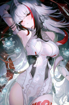 1girl arm_up armpits bare_shoulders blush body_markings breasts commentary cowboy_shot detached_sleeves fymrie hair_flaps hairband highres large_breasts leg_tattoo leotard long_hair looking_at_viewer lying multicolored_hair official_alternate_hair_color on_back parted_lips partially_submerged pelvic_curtain red_eyes ripples see-through_cleavage see-through_clothes solo streaked_hair tattoo two-tone_hair water white_hair white_hairband white_leotard ye_shunguang zenless_zone_zero