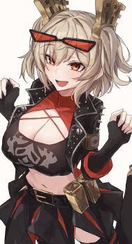 1girl absurdres black_gloves black_skirt black_tube_top blonde_hair breasts burnice_white cleavage commentary_request elbow_gloves eyewear_on_head fingerless_gloves gloves hair_ornament highres large_breasts midriff miniskirt muginosa navel open_mouth red_eyes short_hair simple_background skirt smile solo strapless sunglasses tube_top twintails white_background zenless_zone_zero