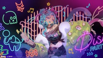 1girl absurdres bare_shoulders bead_necklace beads black_shirt black_shorts blue_eyes blue_hair blue_tongue bow cellphone coat colored_tongue copyright_name copyright_notice cowboy_shot cuibin_(xinyue_tongxing) dark_background double_bun earrings fangs flip_phone fur-trimmed_coat fur_trim hair_bow hair_bun hair_rings highres holding holding_phone jewelry logo looking_at_viewer midriff multicolored_hair navel necklace neon_lights off-shoulder_shirt off_shoulder official_art official_wallpaper outstretched_arm phone pink_bow pink_hair shirt short_shorts shorts snake_hair solo tied_shirt two-tone_hair xinyue_tongxing yellow_coat