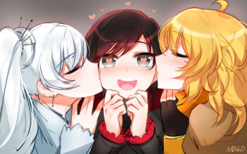 3girls :d ahoge black_hair blonde_hair blush earrings closed_eyes eyes_visible_through_hair female_focus fingerless_gloves bad_tag girl_sandwich gloves grey_eyes hair_between_eyes happy heart heart-shaped_pupils jewelry kiss kisses_on_both_sides kissing_cheek long_hair long_sleeves multicolored_hair multiple_girls ndgd open_mouth ponytail red_hair ruby_rose rwby sandwiched short_hair siblings side_ponytail signature silver_hair sisters smile standing symbol-shaped_pupils upper_body weiss_schnee yang_xiao_long yuri