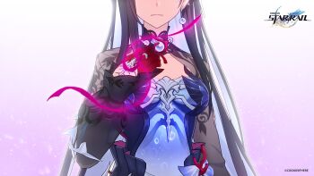 1girl black_hair breasts bubble collarbone copyright_name copyright_notice dress earrings eyes_out_of_frame head_out_of_frame highres honkai:_star_rail honkai_(series) hysilens_(honkai:_star_rail) jewelry long_hair long_sleeves medium_breasts official_art single_earring string string_of_fate