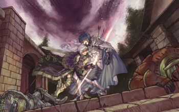 1girl 3boys alternate_costume armor arrow_(projectile) blue_hair brick_wall chrom_(fire_emblem) commission falchion_(fire_emblem) female_robin_(fire_emblem) female_robin_(grandmaster)_(fire_emblem) female_robin_(grima)_(fire_emblem) fire_emblem fire_emblem_awakening fire_emblem_heroes full_armor multiple_boys nintendo official_alternate_costume shg_(hiomaika) stab tree white_hair